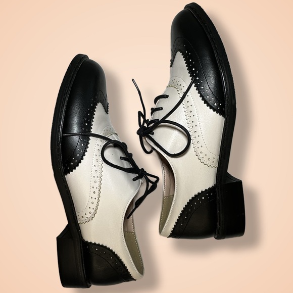 PIVAPAM Black and Beige(Pearl) 2-Toned Wing tip Brogue Oxford Saddle Shoes Sz 7 - Picture 4 of 9